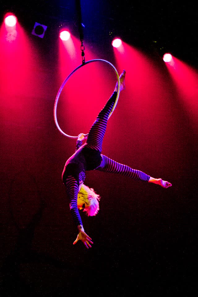An aerial hoop performer against a deep red backdrop