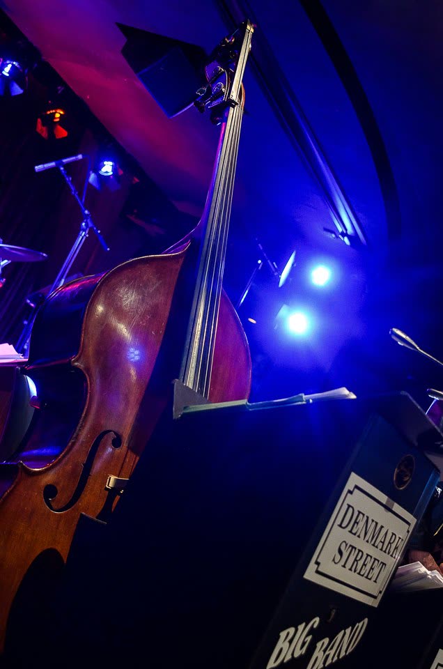 A double bass lit in blue during a live set